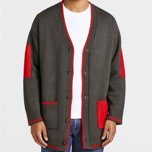 Grey Marvel cardigan with red trim and pockets.